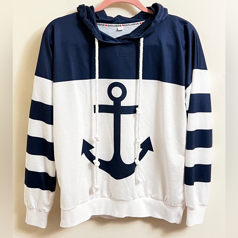 Nautical Blue and White Striped Sweatshirt Hoodie Boating Anchor Design Large
